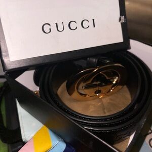 Gucci Black Leather Belt with Gold Buckle